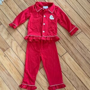 2T Girls Red Cotton PJs Set Christmas Ruffled Sleep Shirt & Pants Embroidered